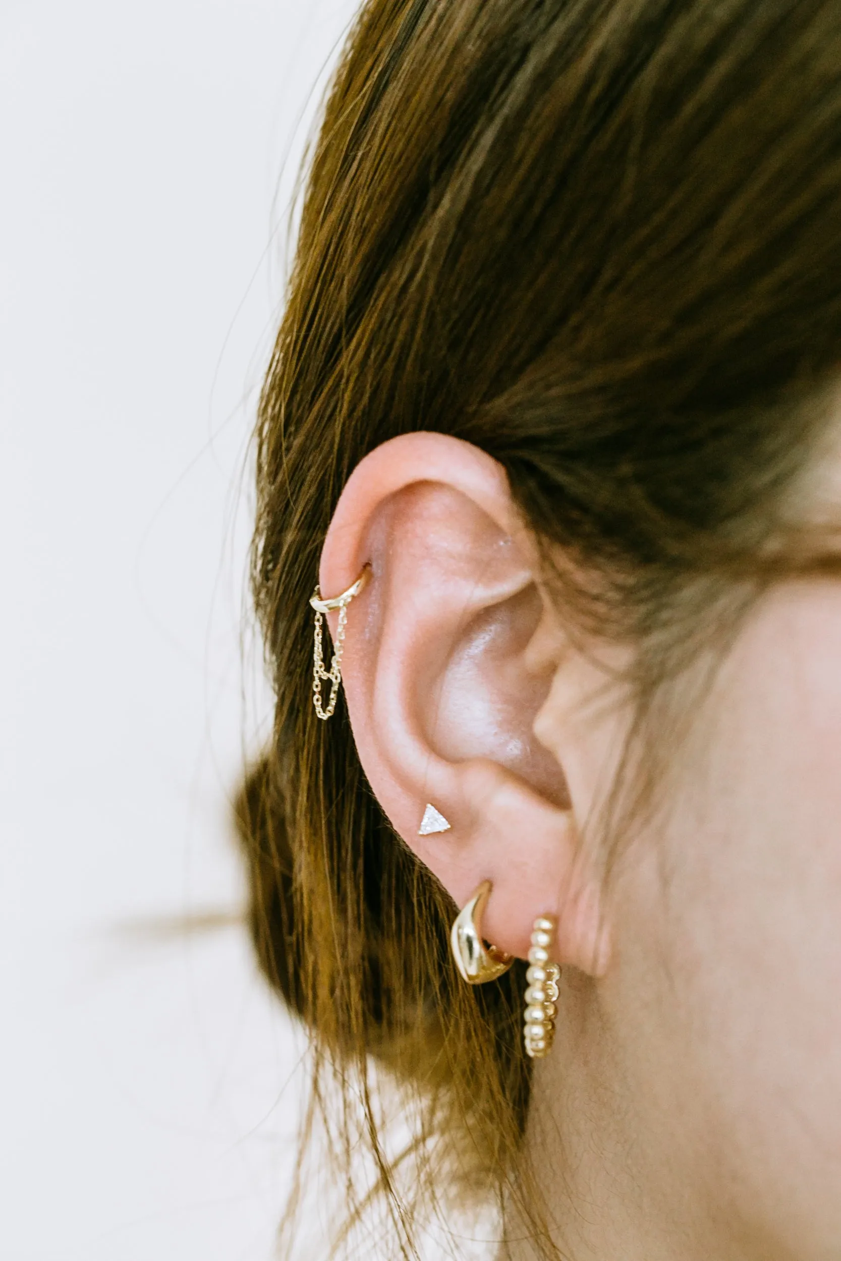 14K Solid Gold Tassel Chain Round Piercing Earring Ear Hoop Ring