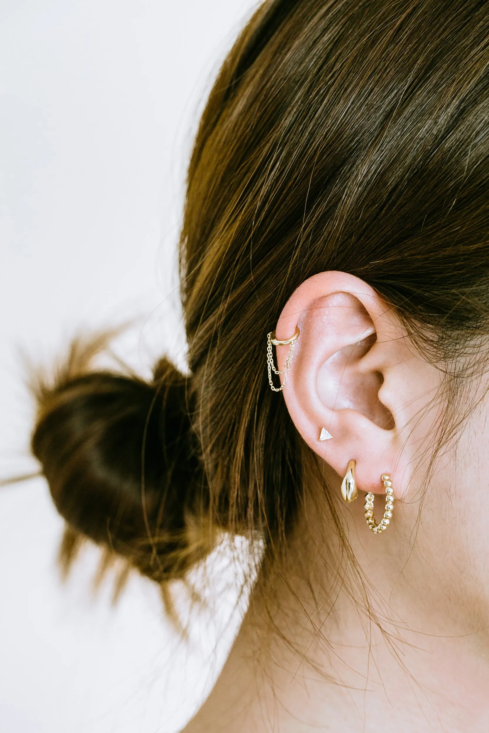 14K Solid Gold Tassel Chain Round Piercing Earring Ear Hoop Ring