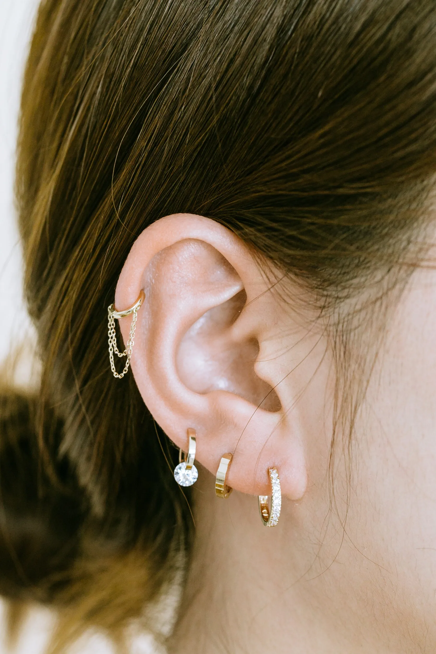14K Solid Gold Tassel Chain Round Piercing Earring Ear Hoop Ring