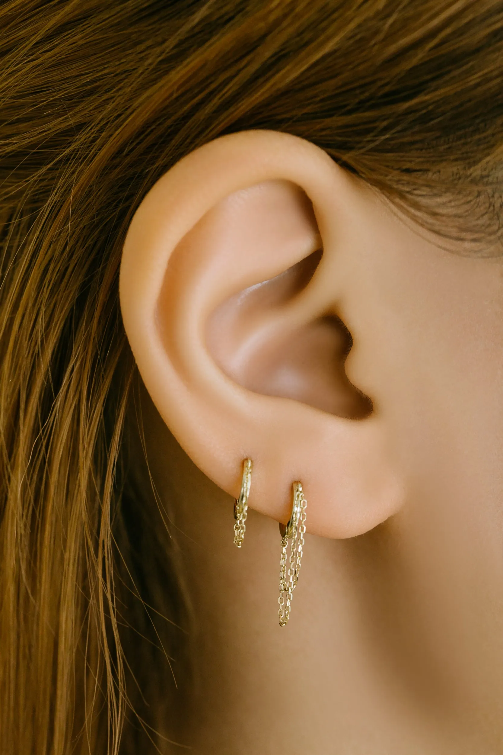 14K Solid Gold Tassel Chain Round Piercing Earring Ear Hoop Ring