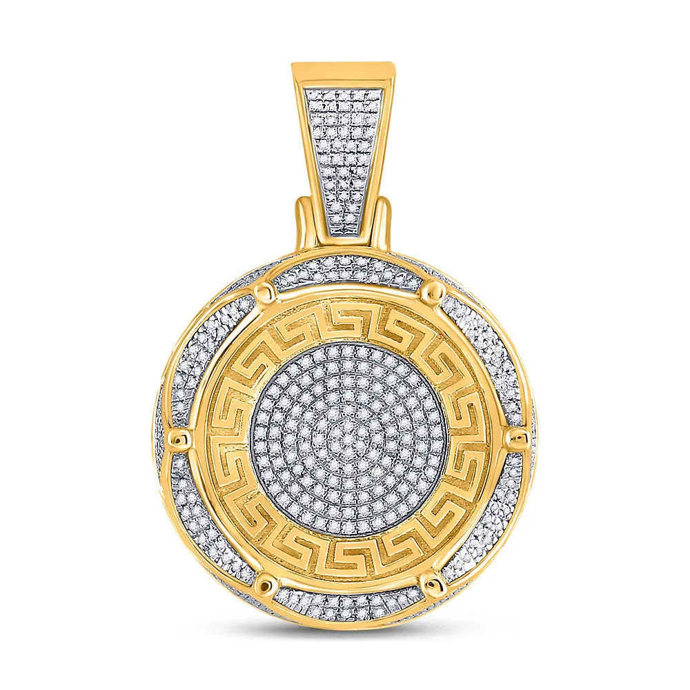 Keene Jewelers 10kt Yellow Gold Mens Round Diamond Greek Key Circle Charm Pendant 5/8 Cttw