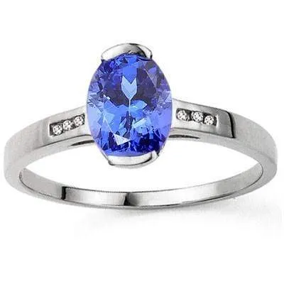 MARVELOUS 1.14 CT GENUINE TANZANITE & 6 PCS GENUINE DIAMOND 10K SOLID WHITE GOLD